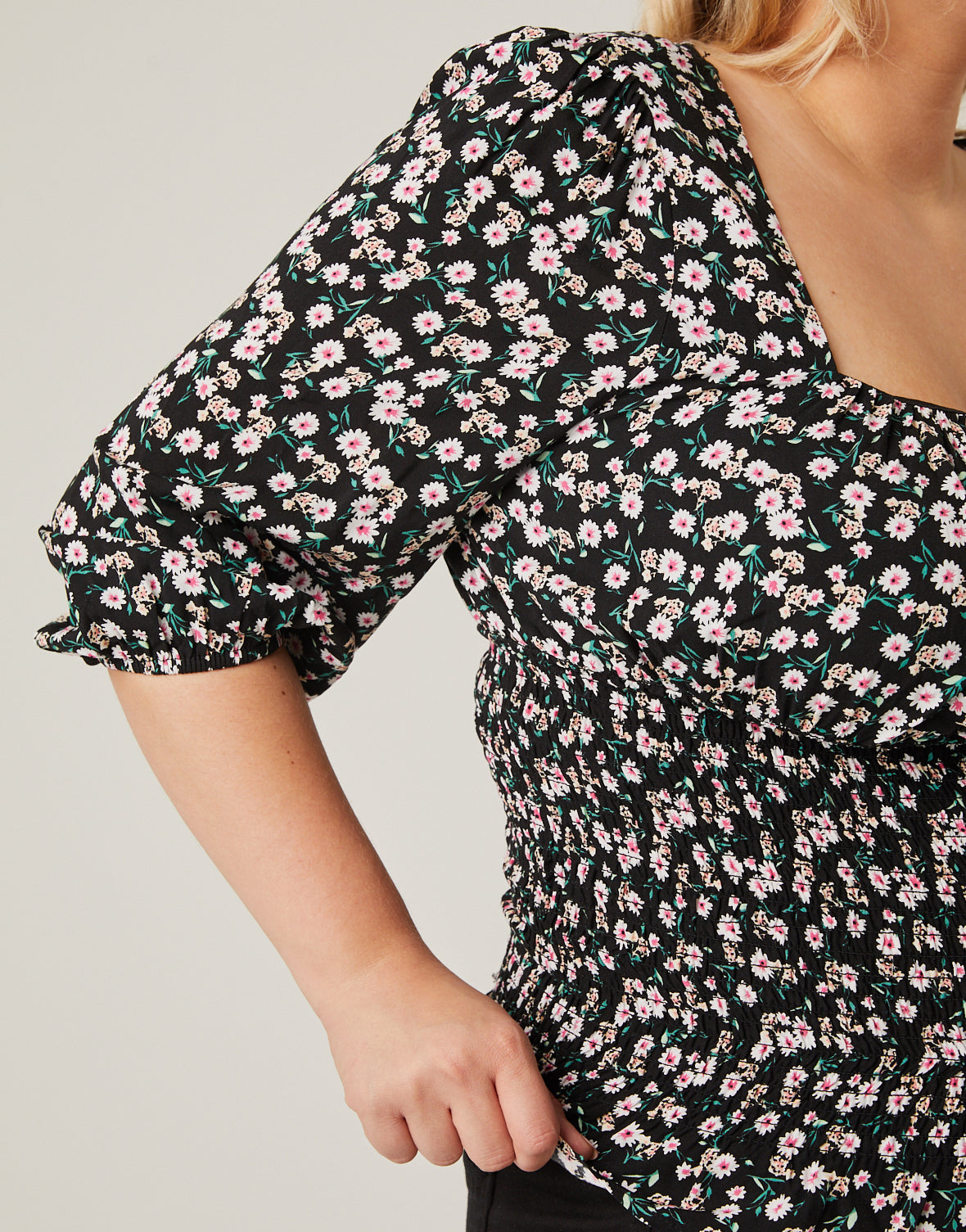 Plus Size Smocked Waist Floral Blouse