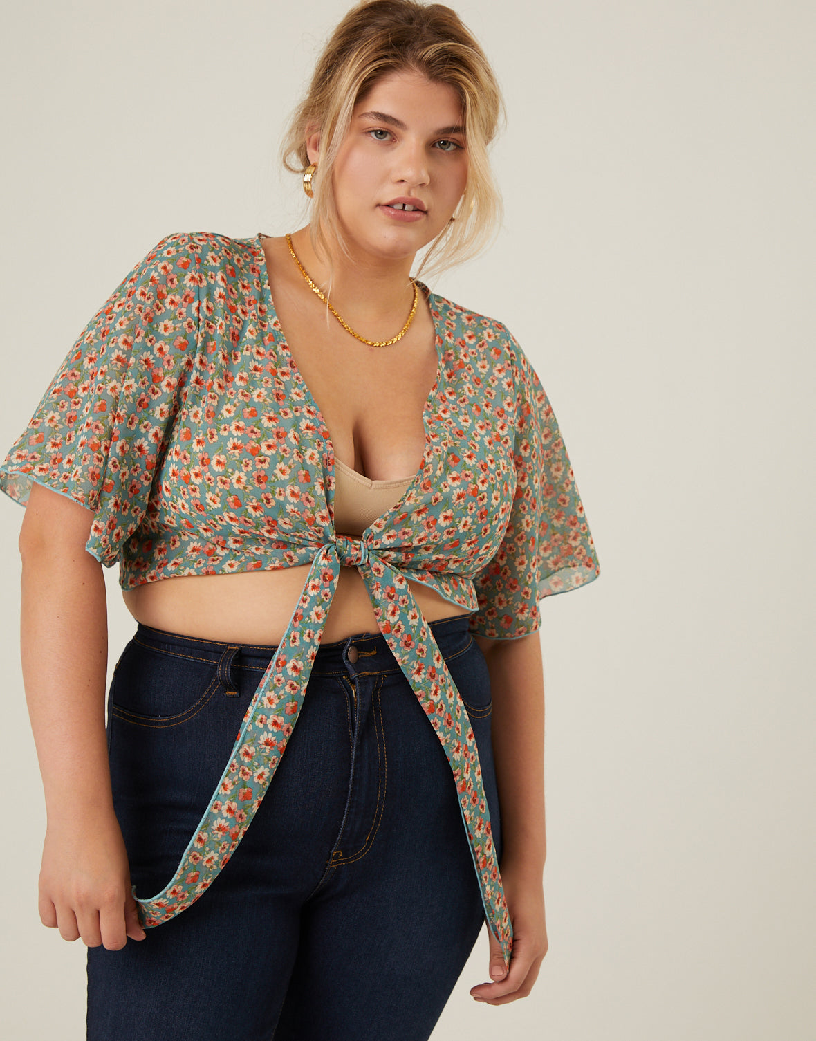 Plus Size Chiffon Floral Tie Top