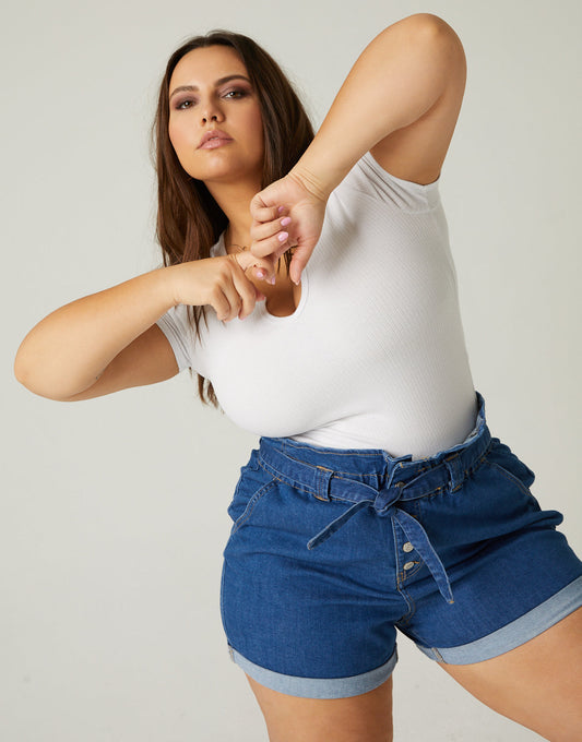 Plus Size Denim Tie Belt Shorts