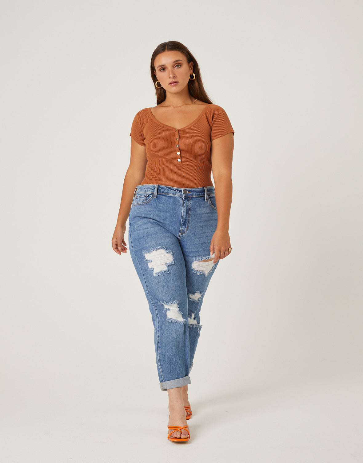 Plus Size Distressed Detail Mom Jeans