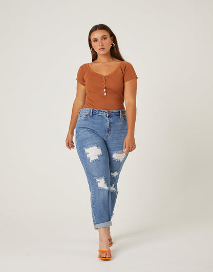 Plus Size Distressed Detail Mom Jeans