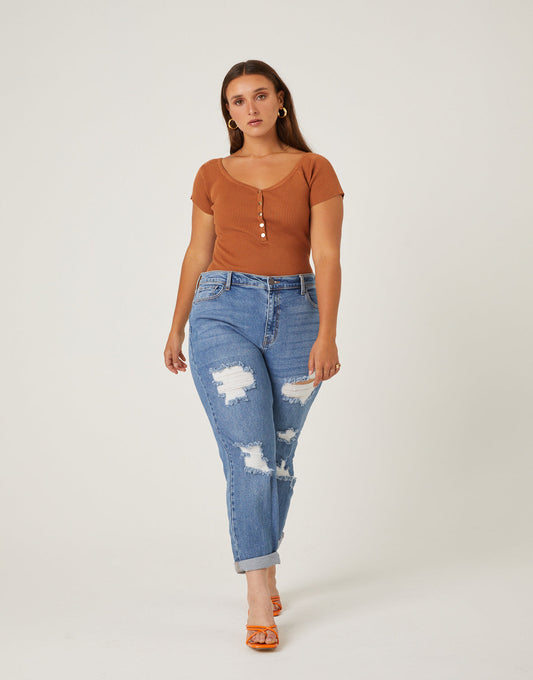 Plus Size Distressed Detail Mom Jeans