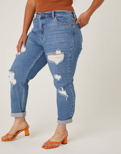 Plus Size Distressed Detail Mom Jeans