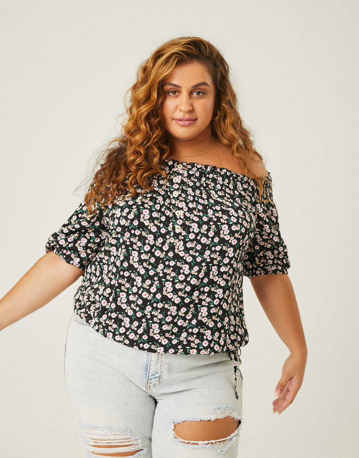 Plus Size Drawstring Floral Top