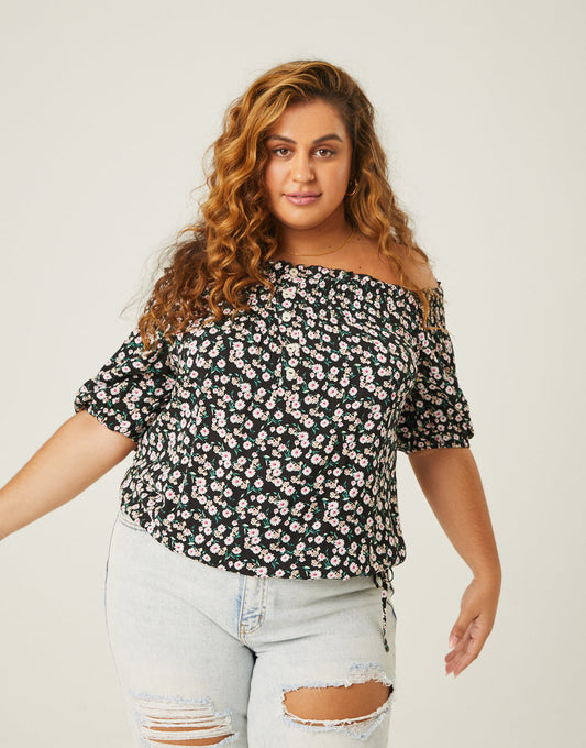Plus Size Drawstring Floral Top