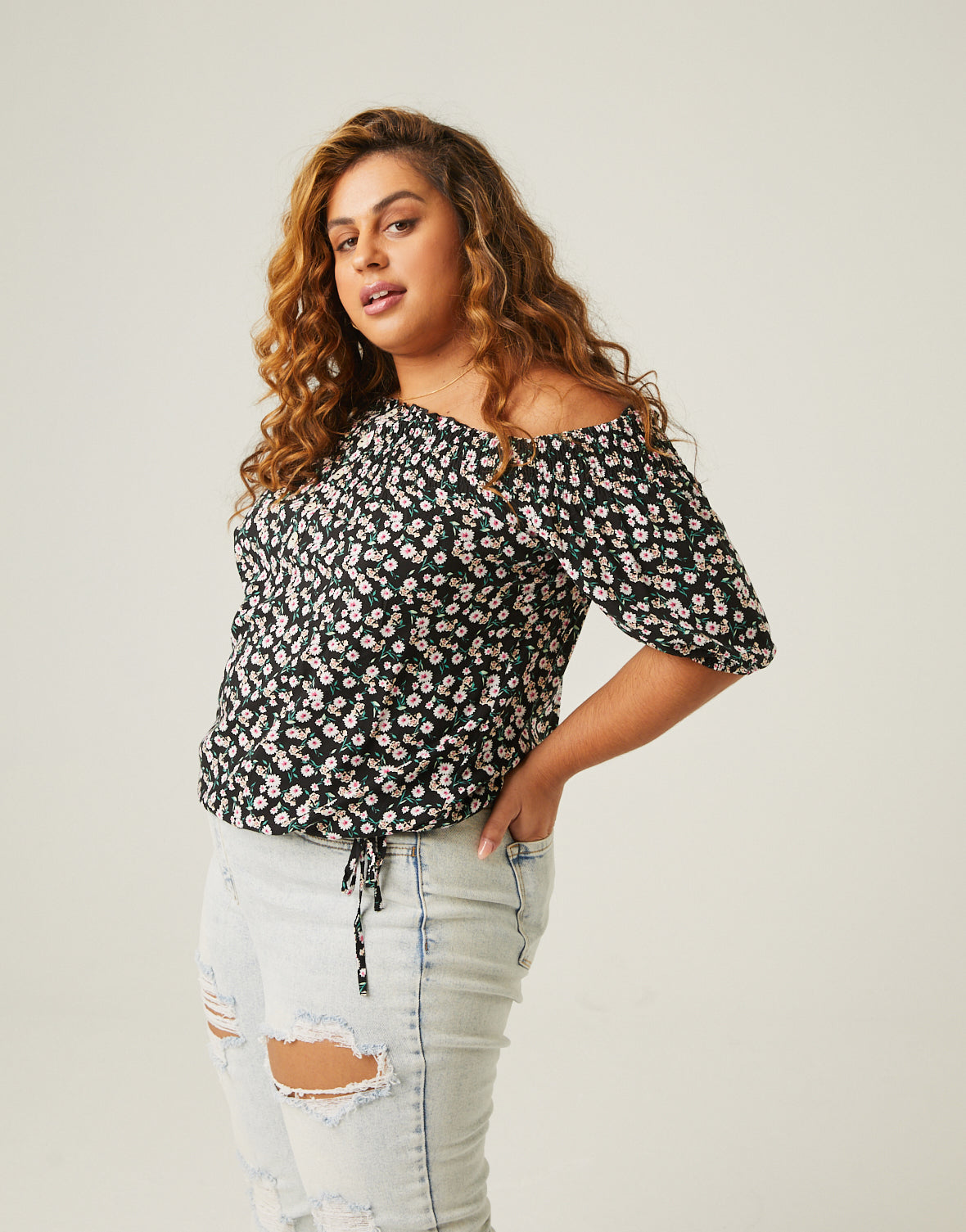 Plus Size Drawstring Floral Top