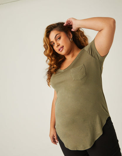 Plus Size Flowy V Neck Pocket Tee