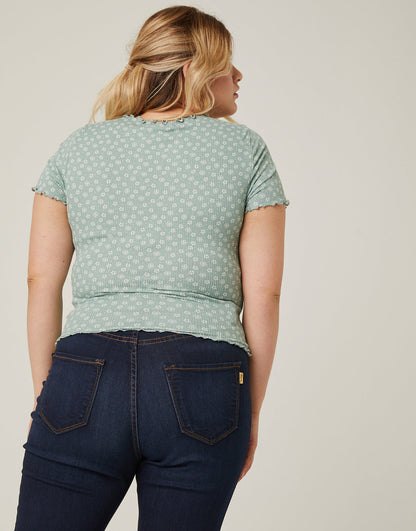 Plus Size Lettuce Edge Floral Print Top