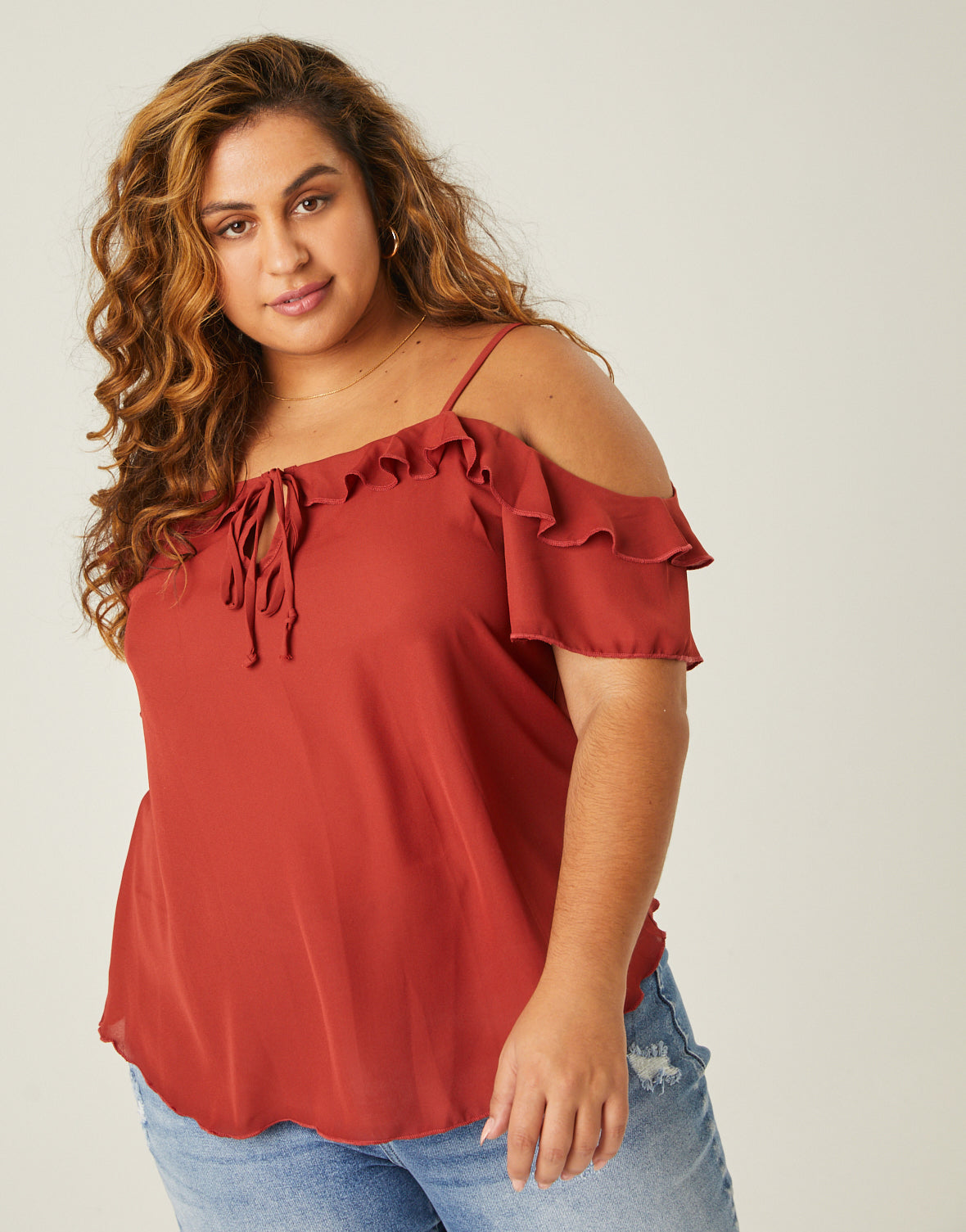 Plus Size Ruffle Neckline Chiffon Top