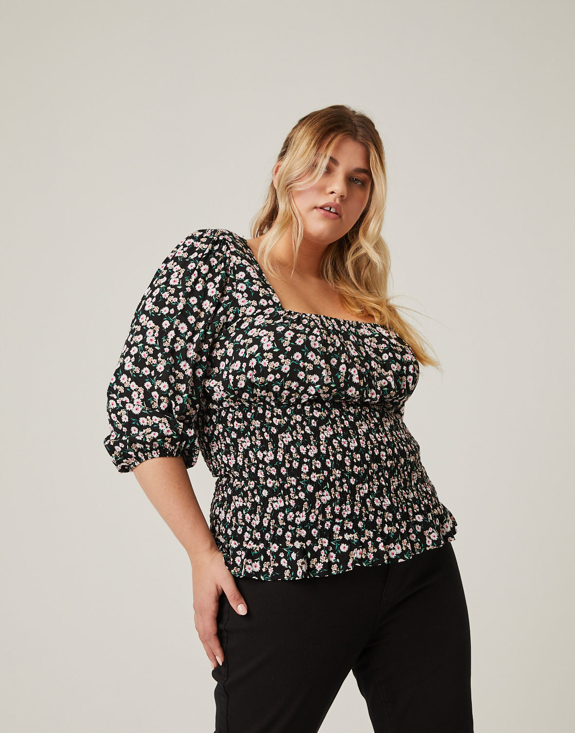 Plus Size Smocked Waist Floral Blouse