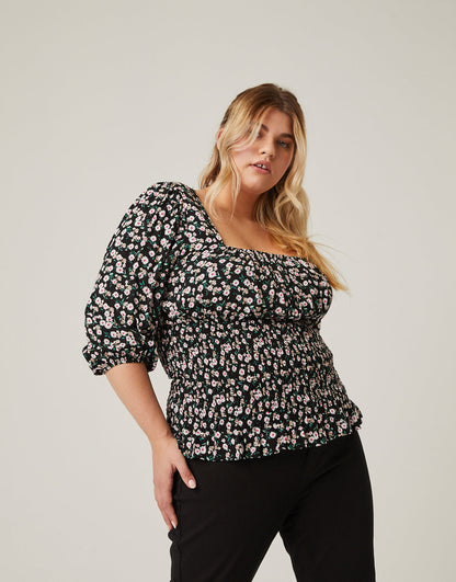 Plus Size Smocked Waist Floral Blouse