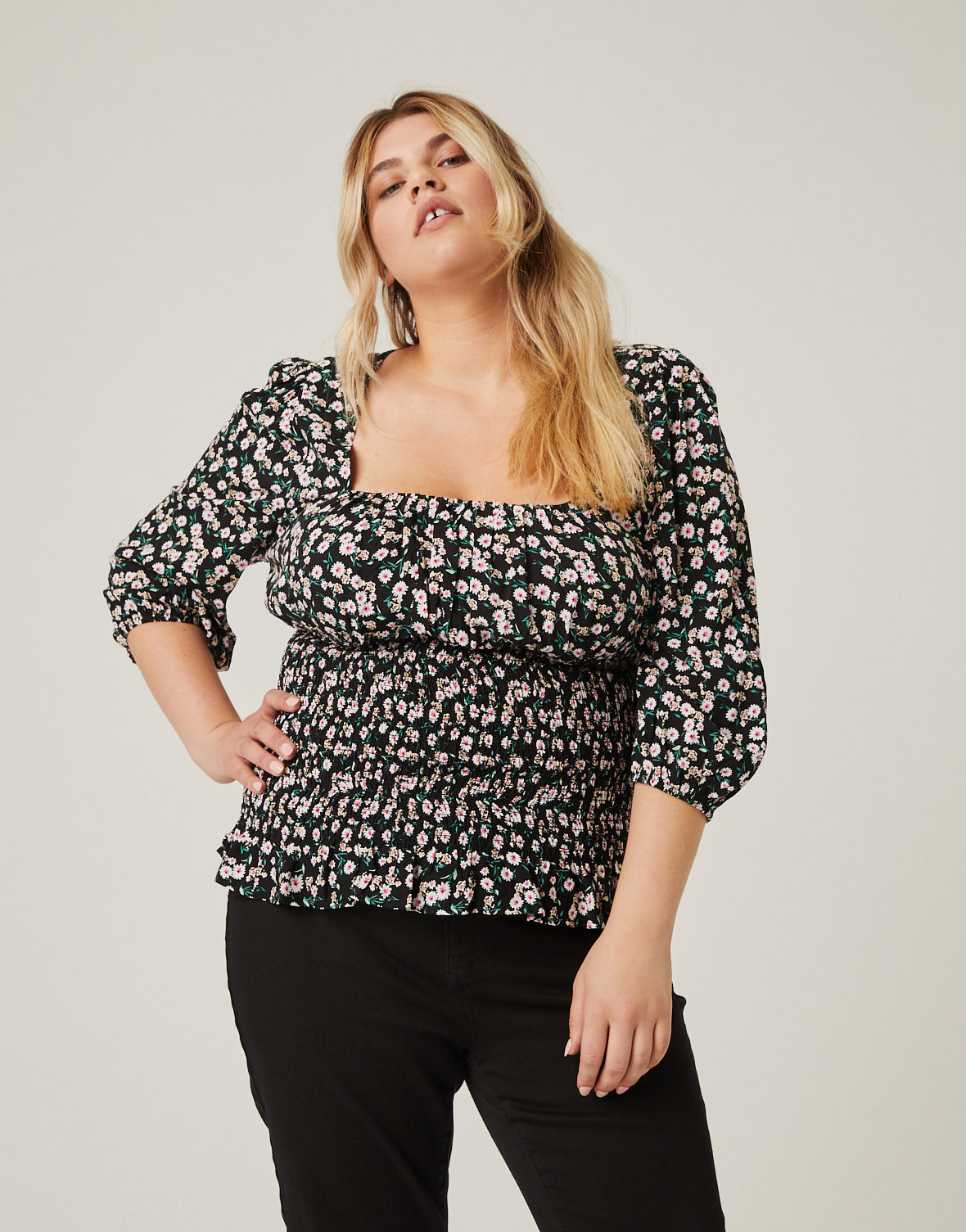 Plus Size Smocked Waist Floral Blouse