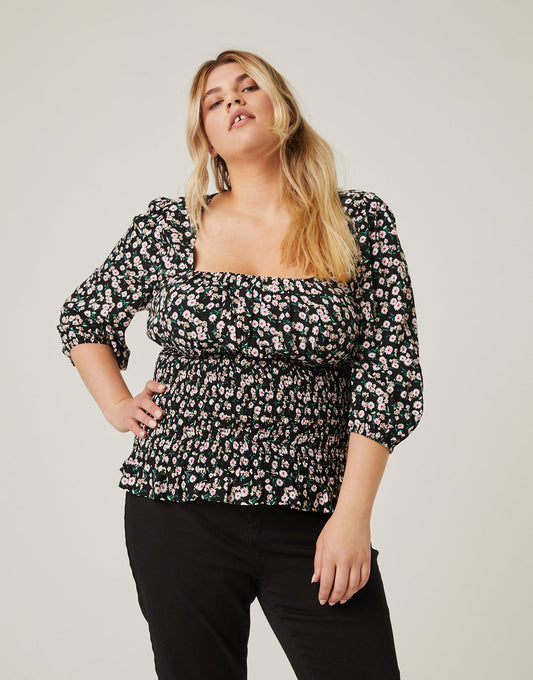 Plus Size Smocked Waist Floral Blouse