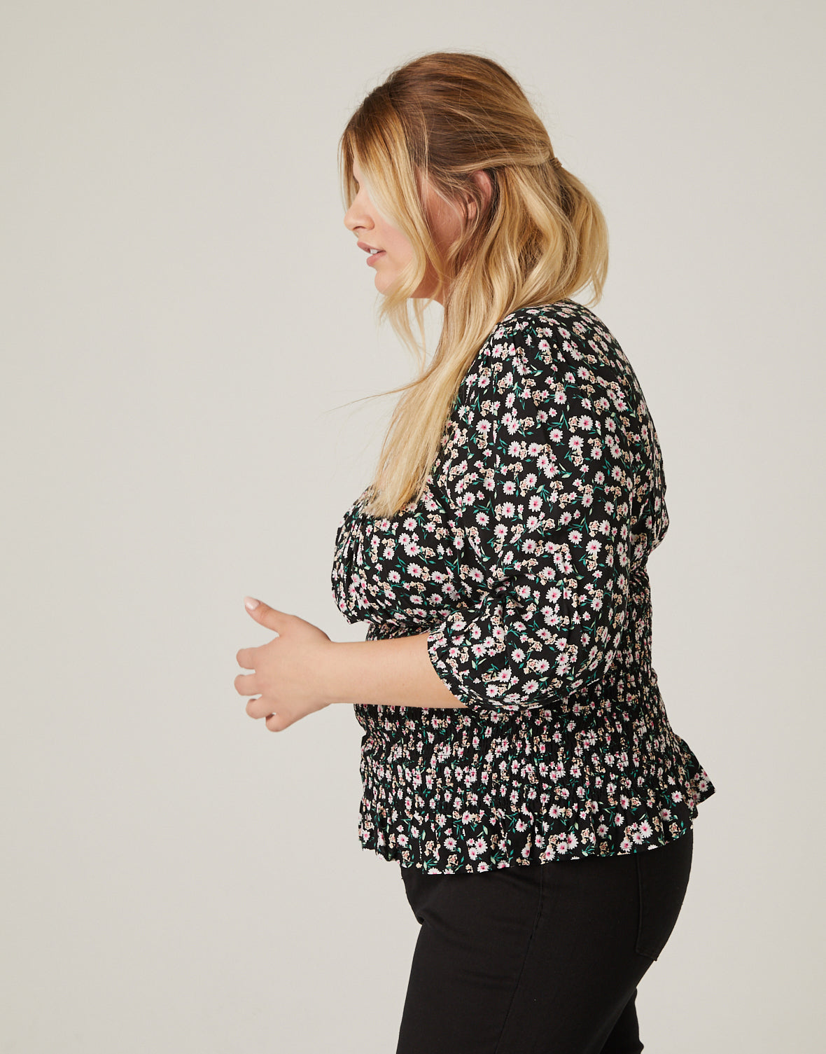 Plus Size Smocked Waist Floral Blouse