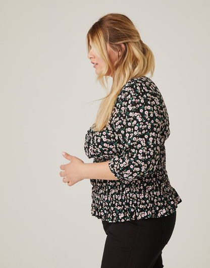 Plus Size Smocked Waist Floral Blouse