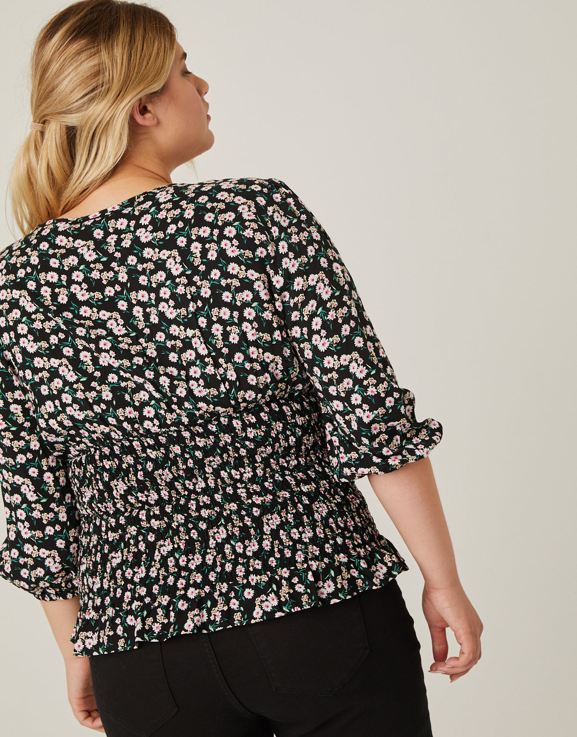 Plus Size Smocked Waist Floral Blouse