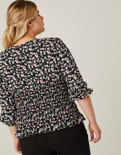 Plus Size Smocked Waist Floral Blouse