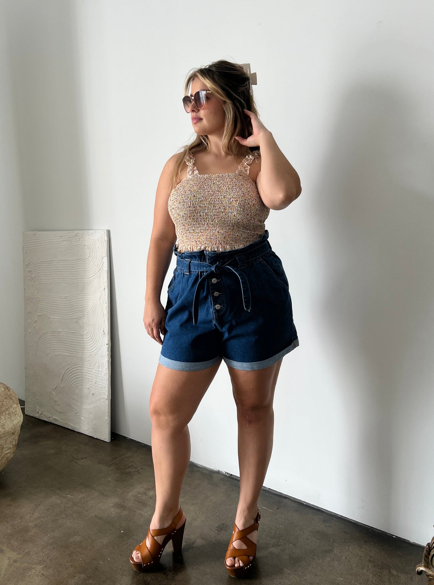 Plus Size Denim Tie Belt Shorts